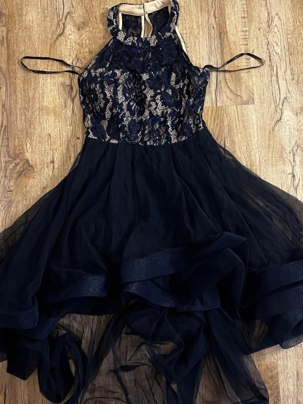 Speechless Navy and Gold Lace Halter Formal Dress